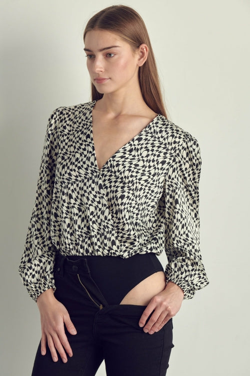 Women's V-Neck Abstract Print Blouse with Long Sleeves