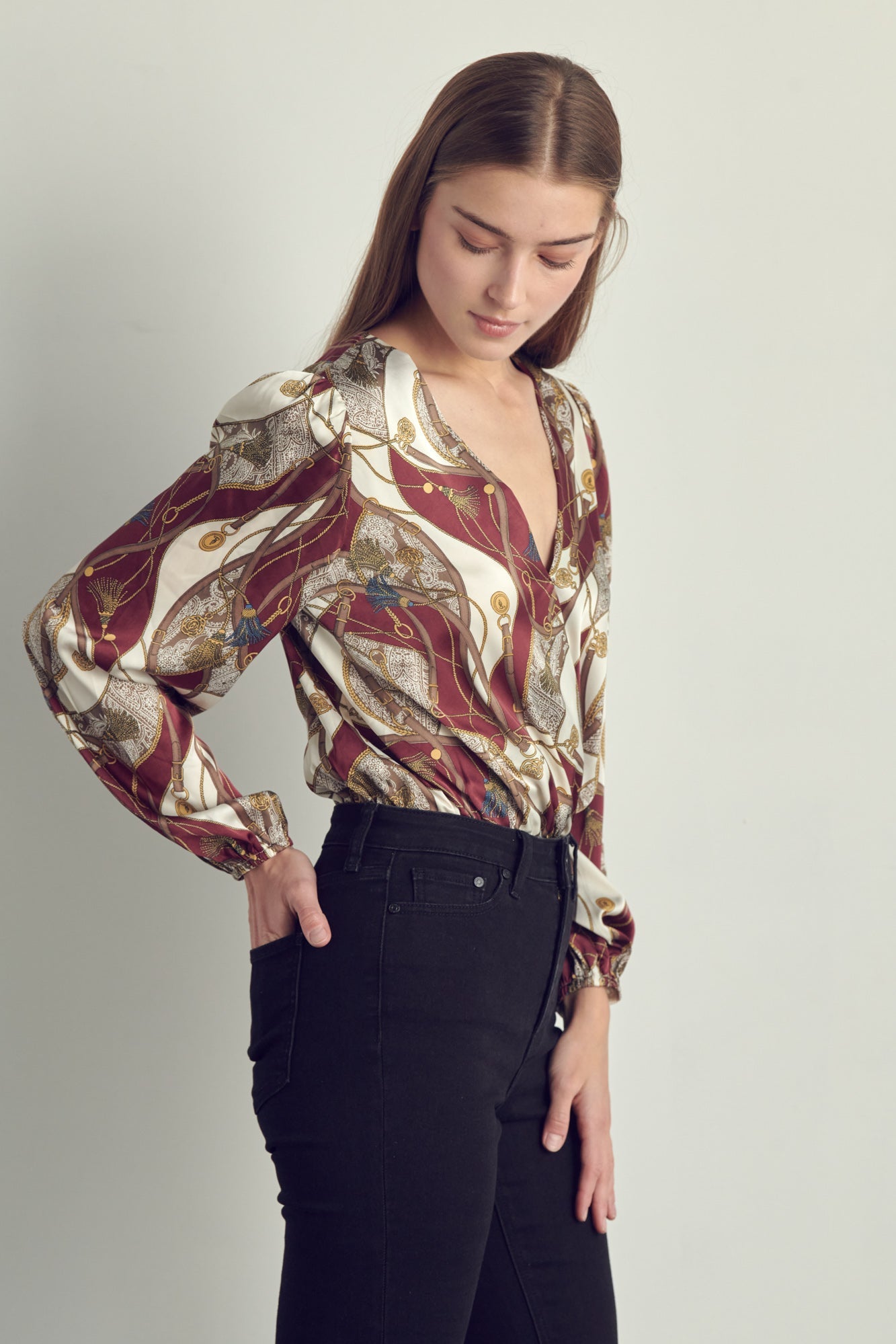 Women's V-Neck Abstract Print Blouse with Long Sleeves