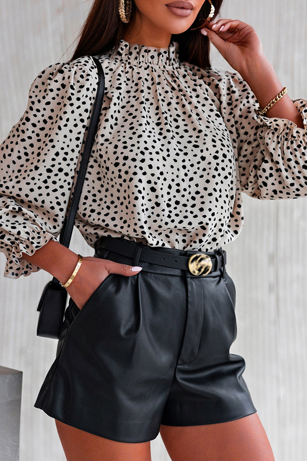 Frilled Neck 3/4 Sleeves Cheetah Blouse