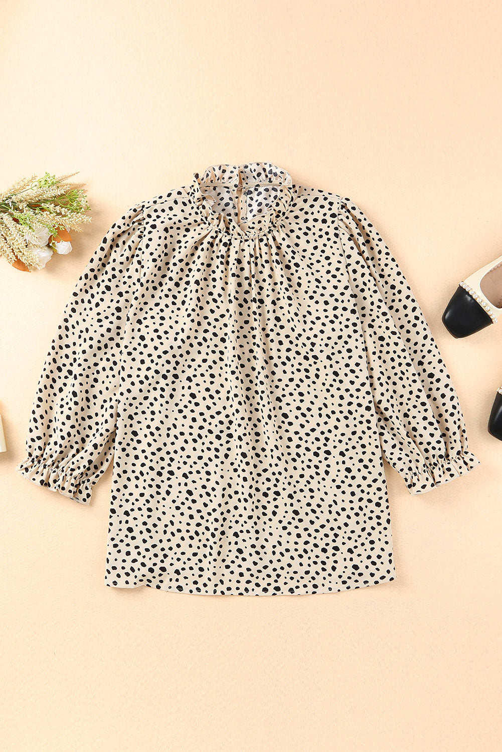 Frilled Neck 3/4 Sleeves Cheetah Blouse