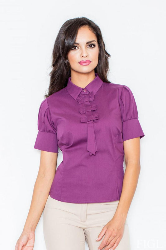 Elegant Plum Short-Sleeve Ruffle Blouse