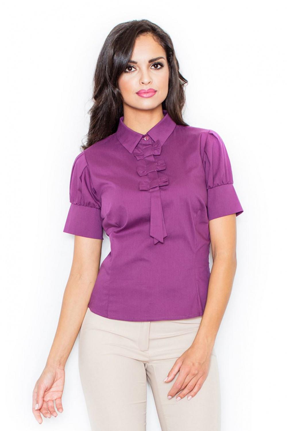 Elegant Plum Short-Sleeve Ruffle Blouse