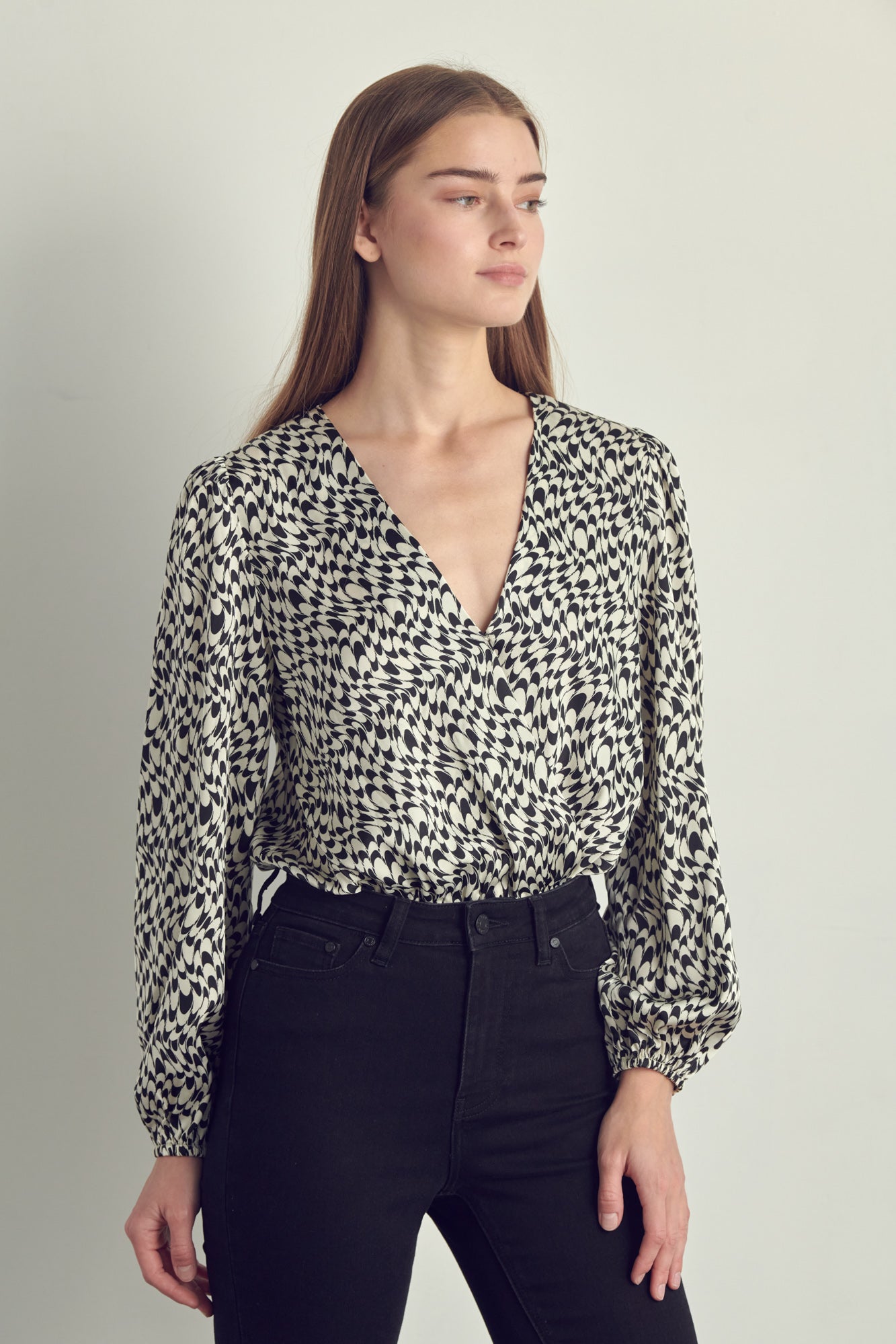 Women's V-Neck Abstract Print Blouse with Long Sleeves