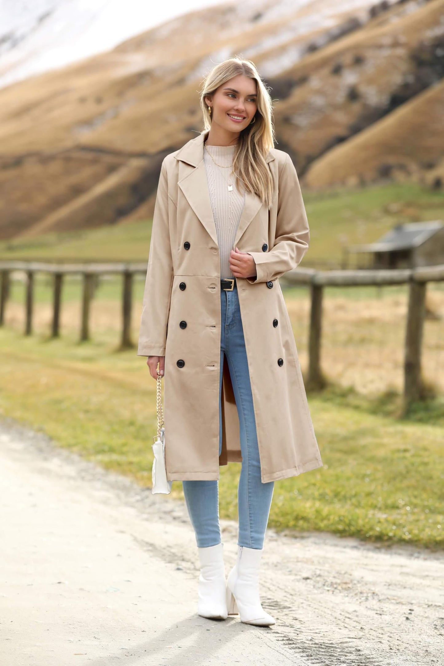 Elegant A-Line Double-Breasted Trench Coat with Belt