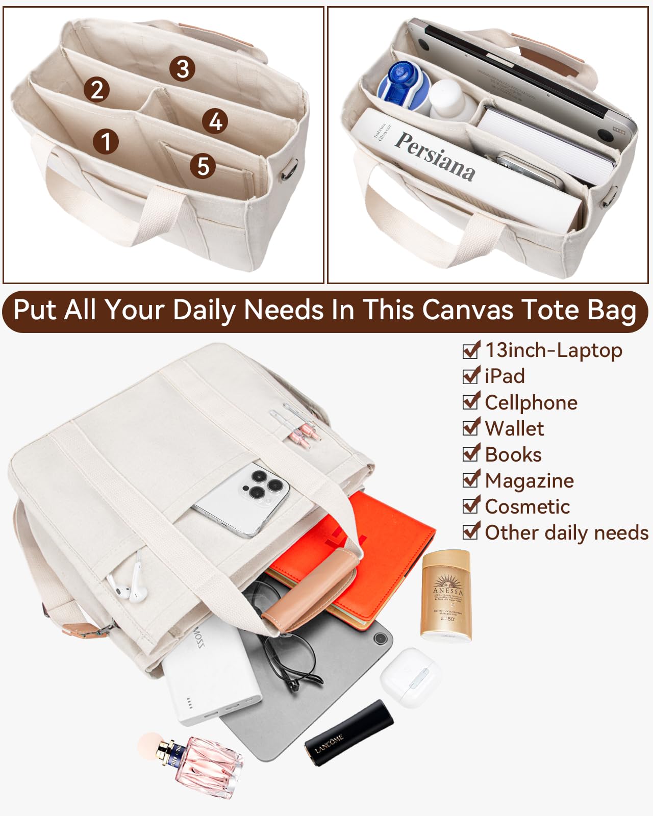 Multifunctional Canvas Tote Bag with Adjustable Strap