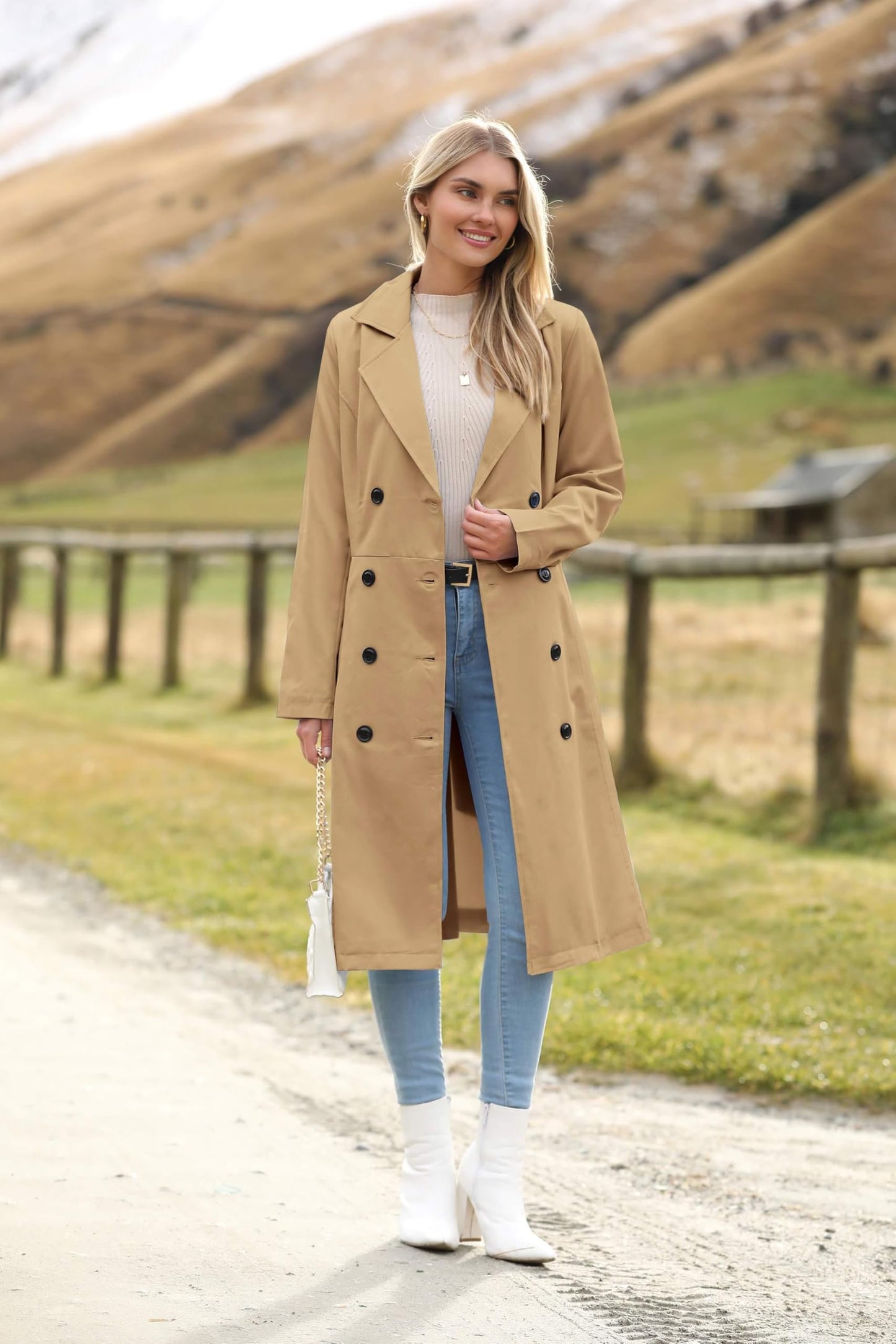 Elegant A-Line Double-Breasted Trench Coat with Belt