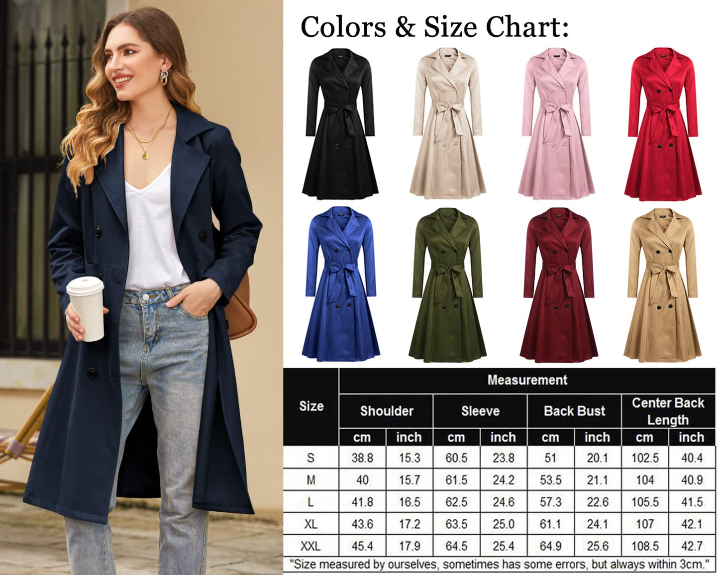 Elegant A-Line Double-Breasted Trench Coat with Belt