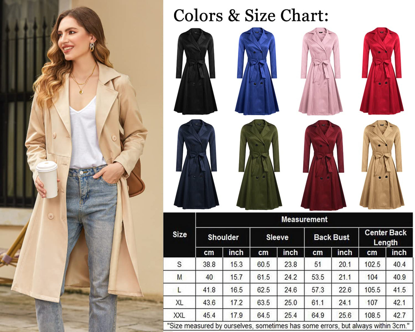 Elegant A-Line Double-Breasted Trench Coat with Belt