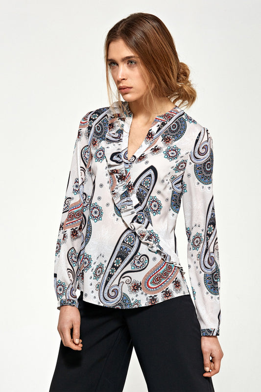 Ruffled Paisley Print Long-Sleeve Blouse