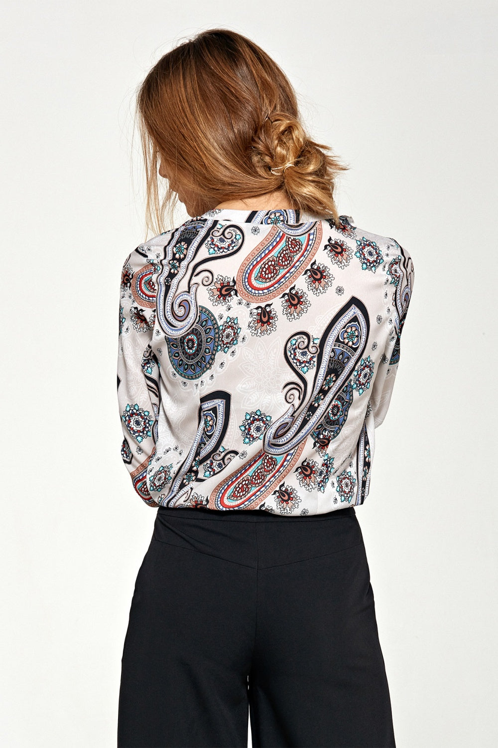 Ruffled Paisley Print Long-Sleeve Blouse