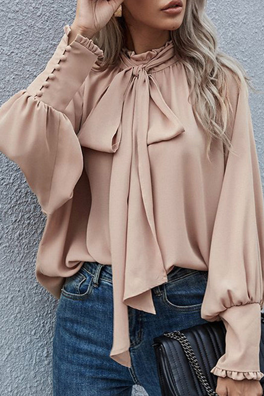 Frilled Knotted Mock Neck Blouse