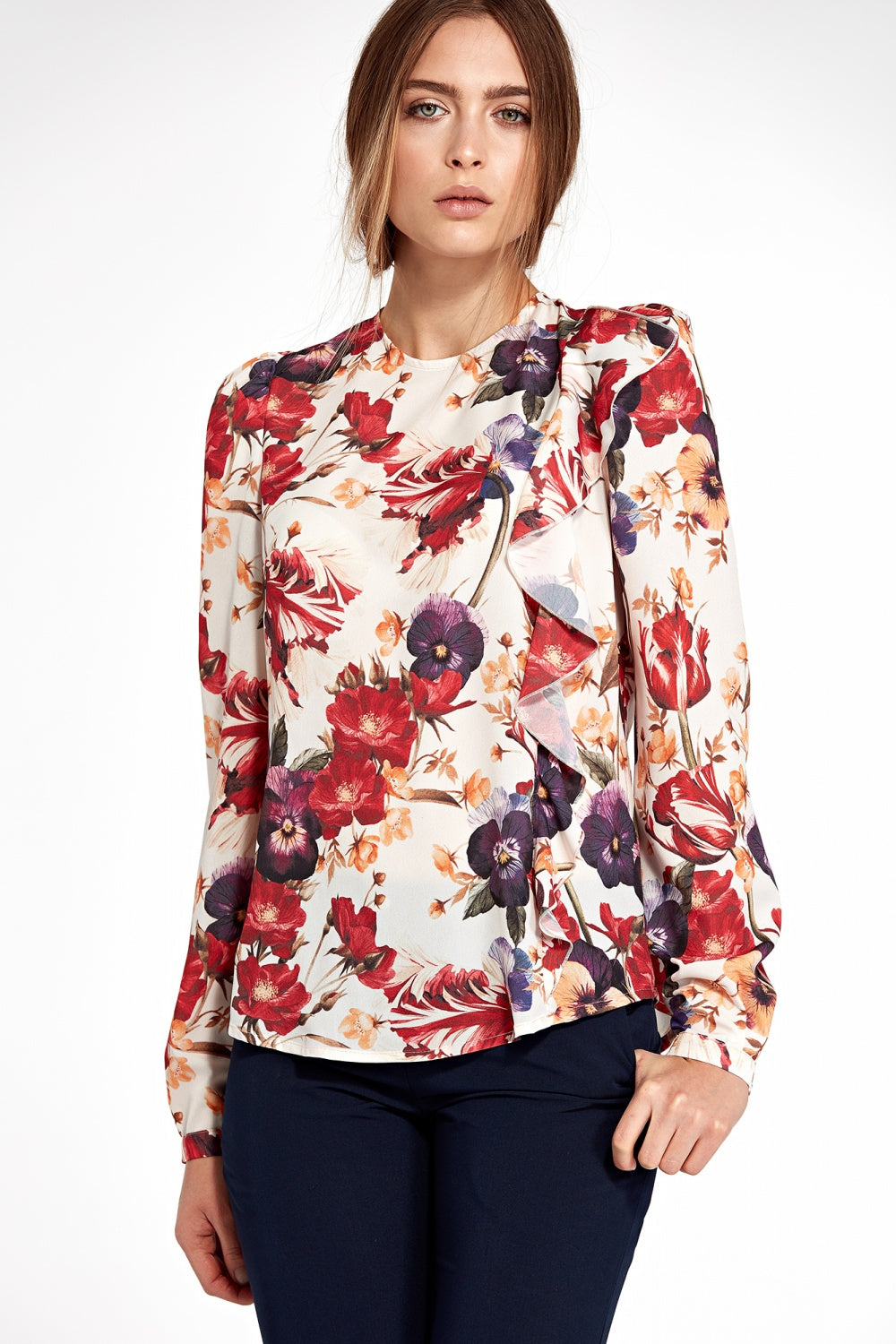 Floral Print Ruffle Detail Long-Sleeve Blouse