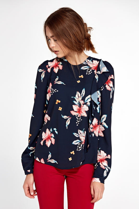 Midnight Floral Ruffle Detail Blouse