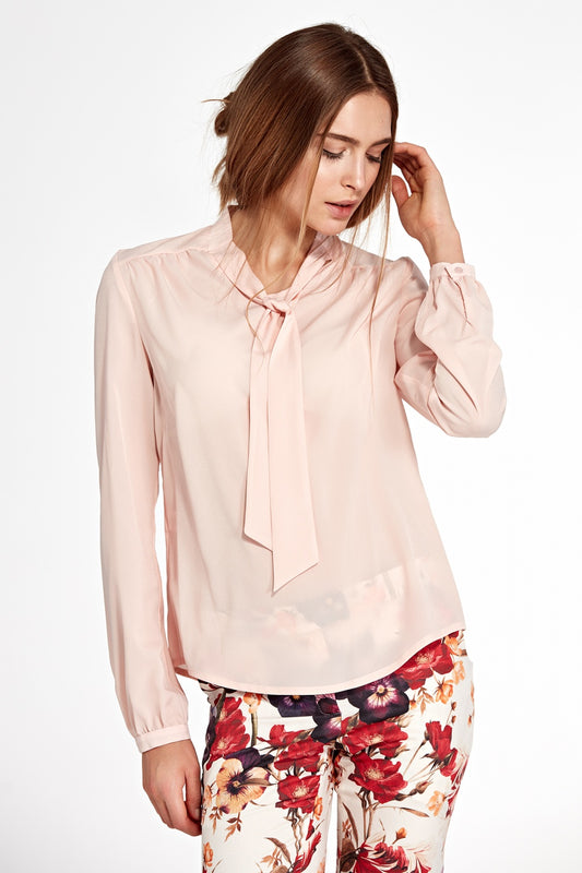 Blush Pink Bow Tie Long-Sleeve Blouse