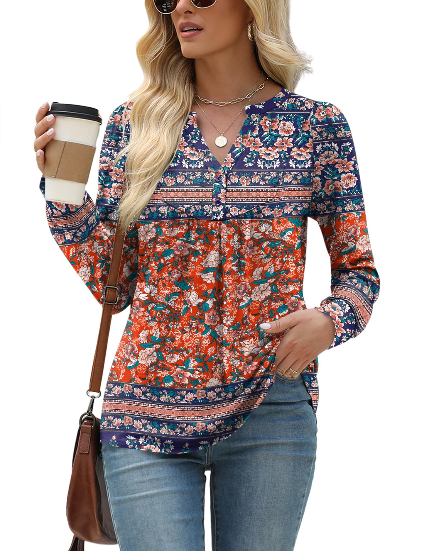 Floral Print V-Neck Long Sleeve Blouse