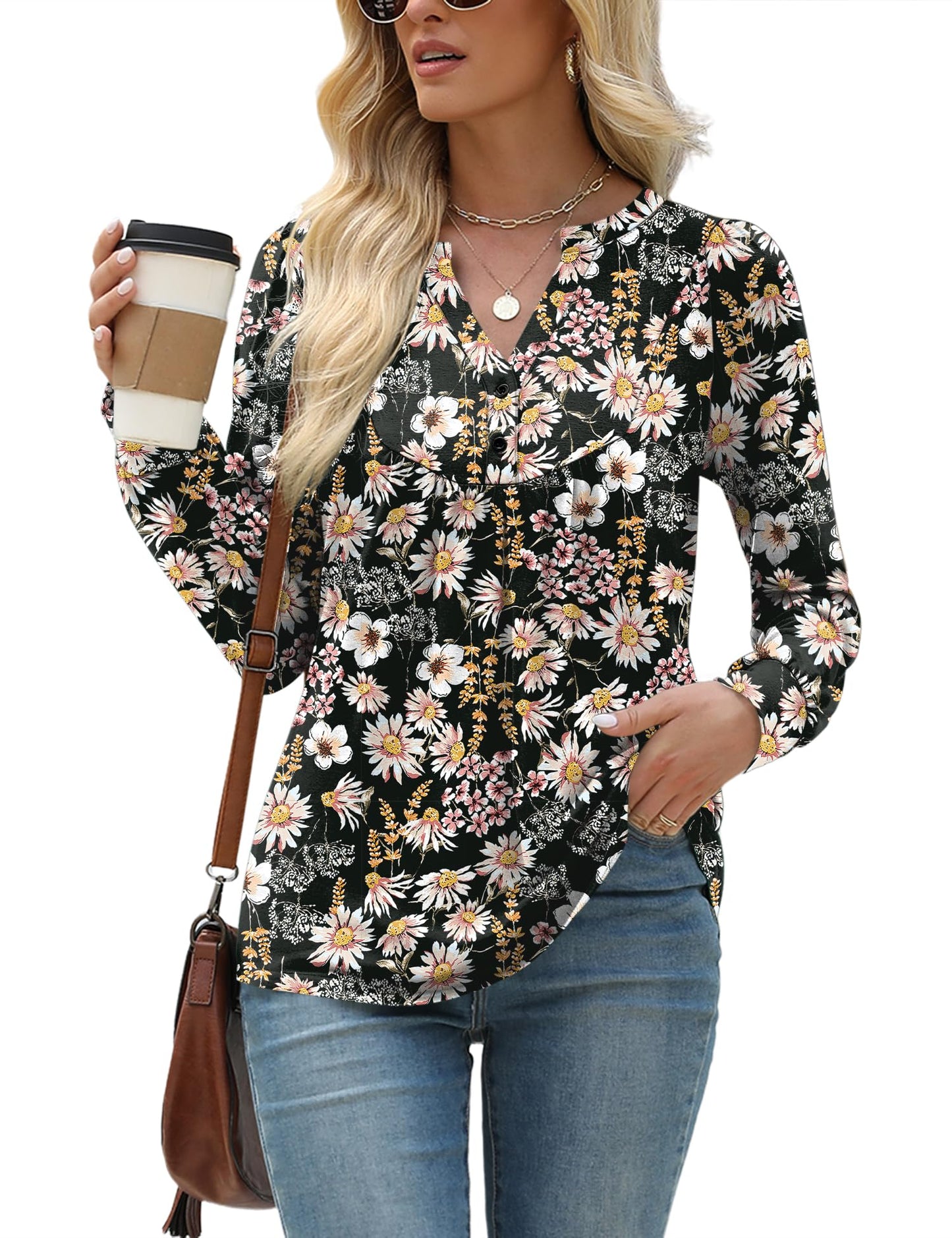 Floral Print V-Neck Long Sleeve Blouse