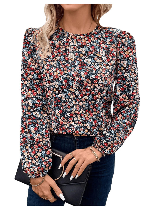 Women's Floral Print Blouse Long Lantern Sleeve Round Neck Boho Shirts