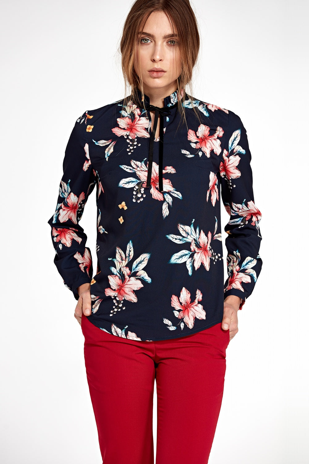 Floral Print High-Neck Bow Blouse