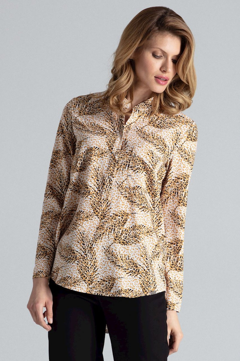 Feather Print Long-Sleeve Blouse