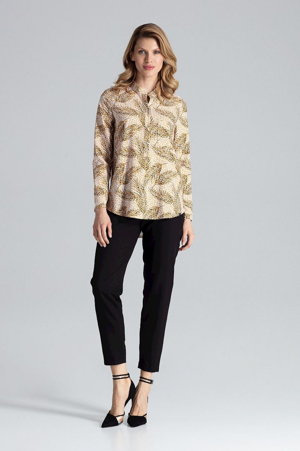 Feather Print Long-Sleeve Blouse