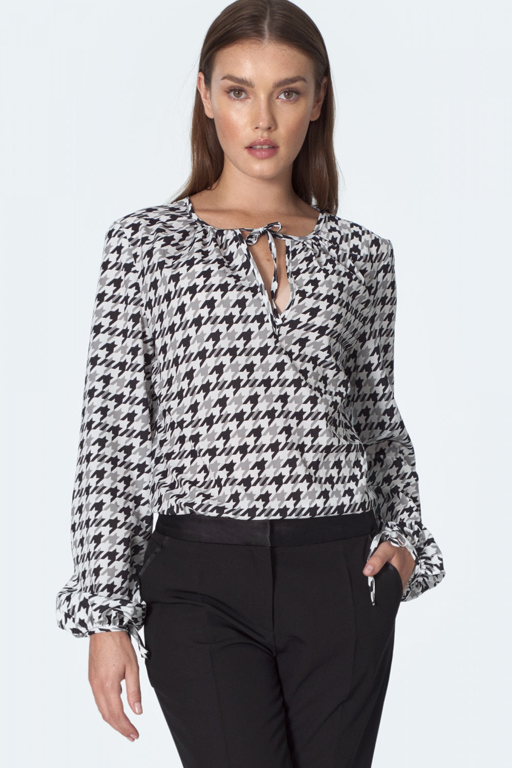 Houndstooth Print Tie-Neck Blouse