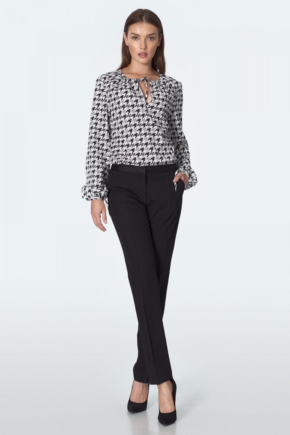 Houndstooth Print Tie-Neck Blouse