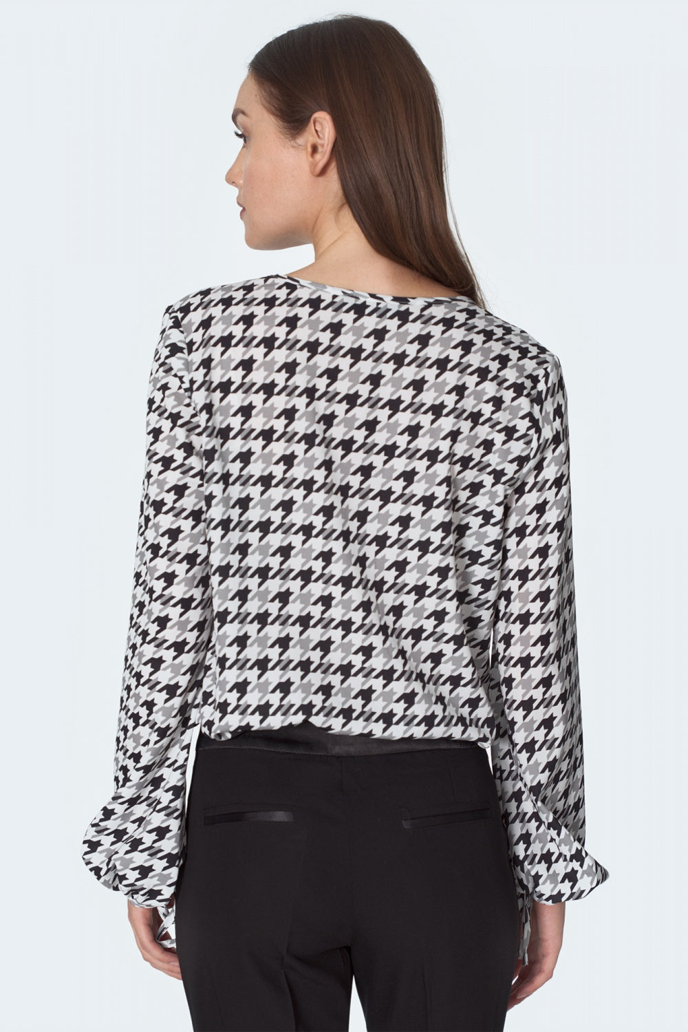 Houndstooth Print Tie-Neck Blouse