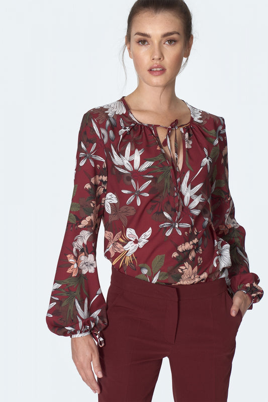 Wine Red Floral Print Tie-Neck Blouse