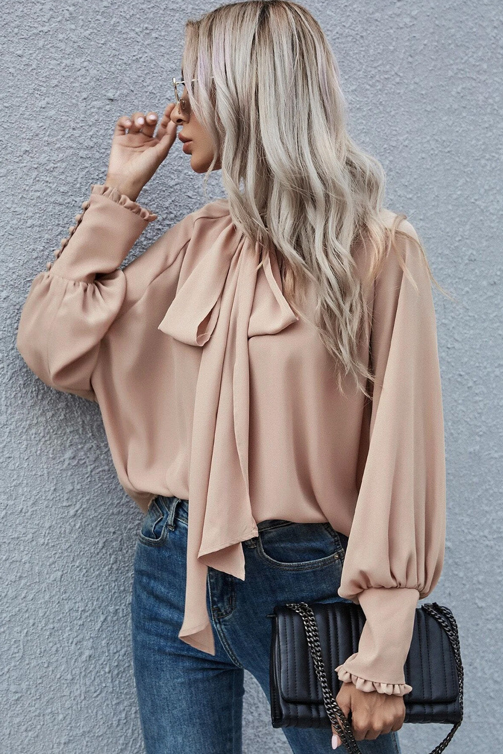 Frilled Knotted Mock Neck Blouse