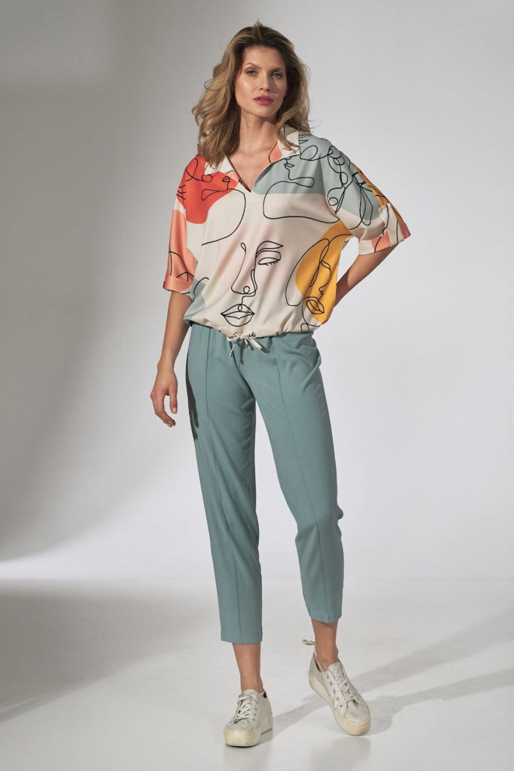 Abstract Faces Drawstring Blouse