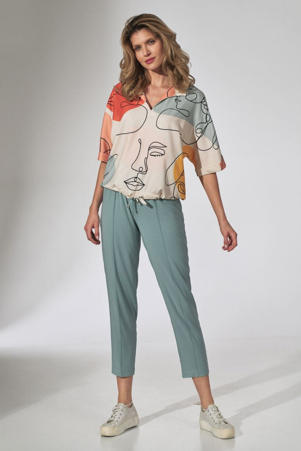 Abstract Faces Drawstring Blouse