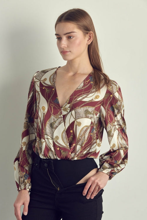 Women's V-Neck Abstract Print Blouse with Long Sleeves