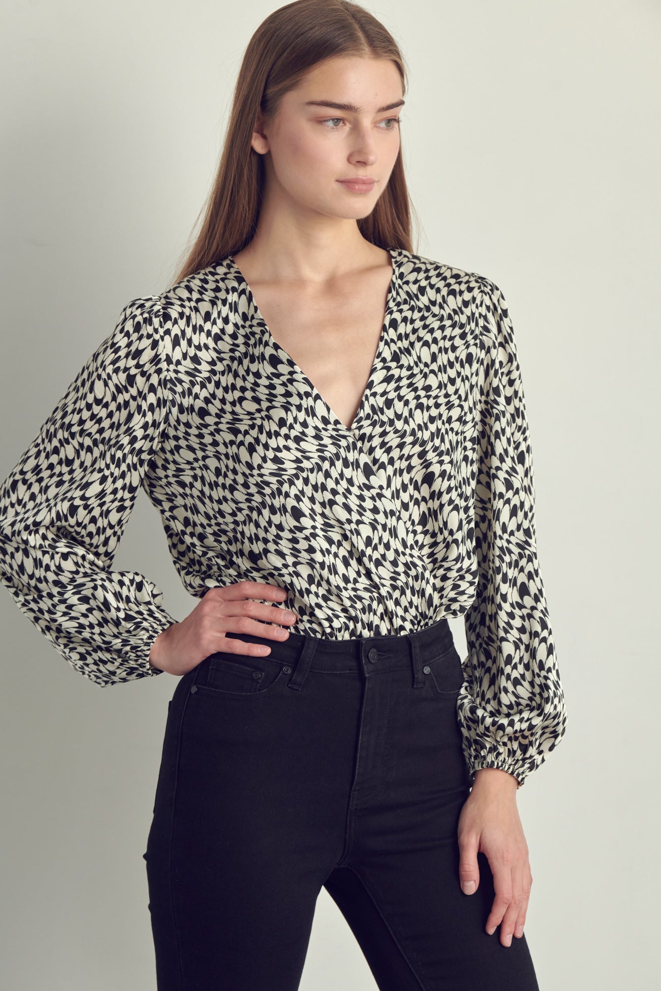 Women's V-Neck Abstract Print Blouse with Long Sleeves