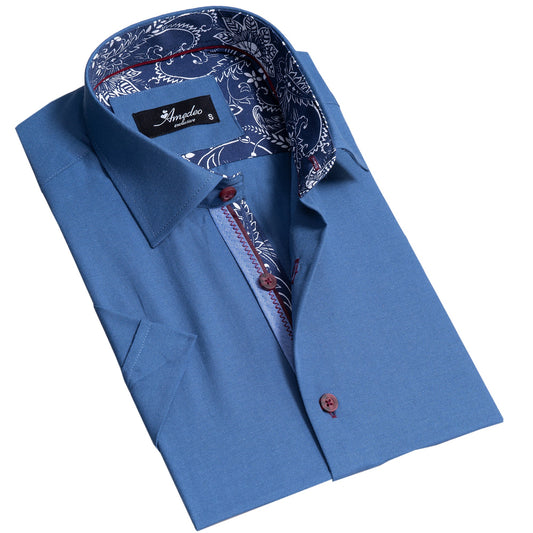 Rich Blue Mens Short Sleeve Button up Shirts - Tailored Slim Fit