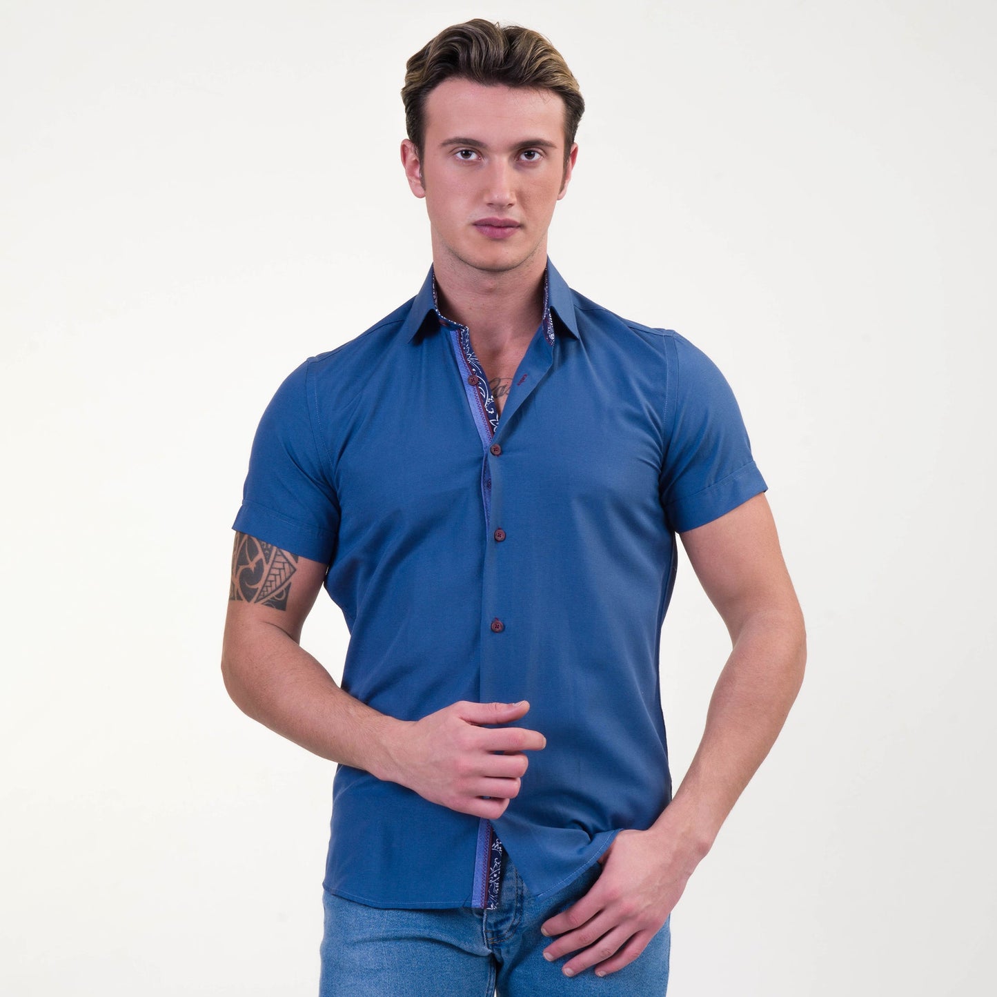 Rich Blue Mens Short Sleeve Button up Shirts - Tailored Slim Fit