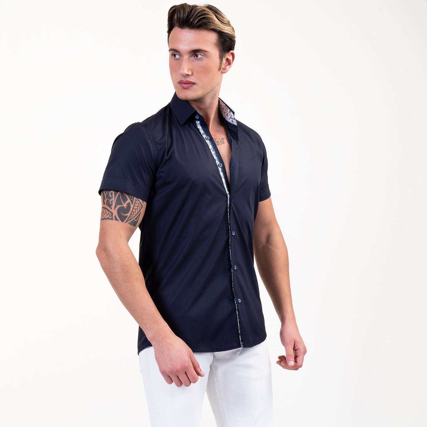 Solid Black Mens Short Sleeve Button up Shirts - Tailored Slim Fit