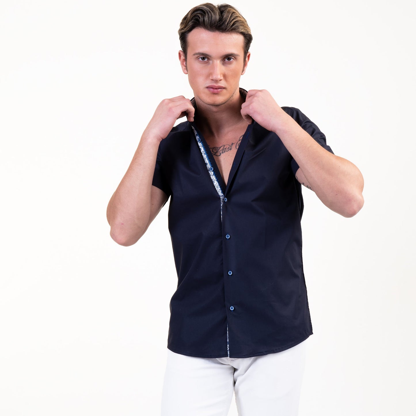 Solid Black Mens Short Sleeve Button up Shirts - Tailored Slim Fit