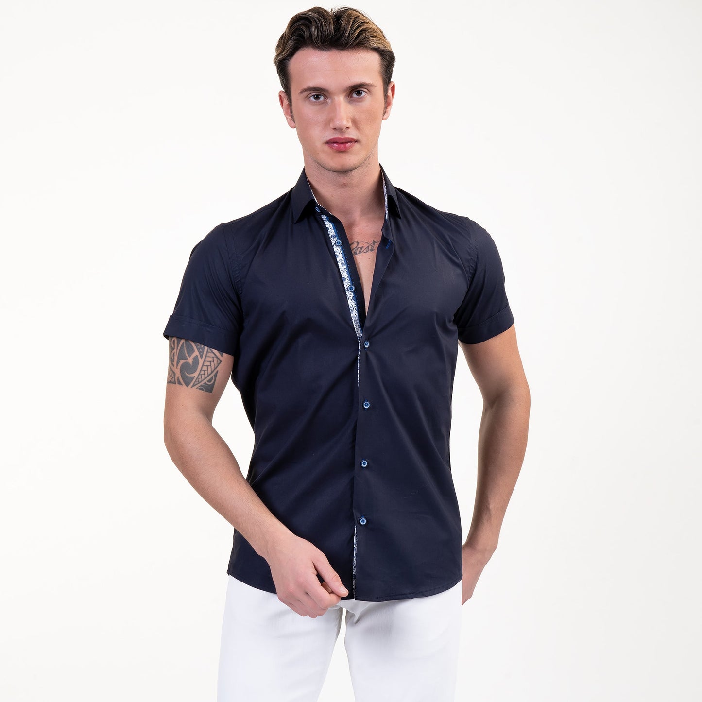 Solid Black Mens Short Sleeve Button up Shirts - Tailored Slim Fit