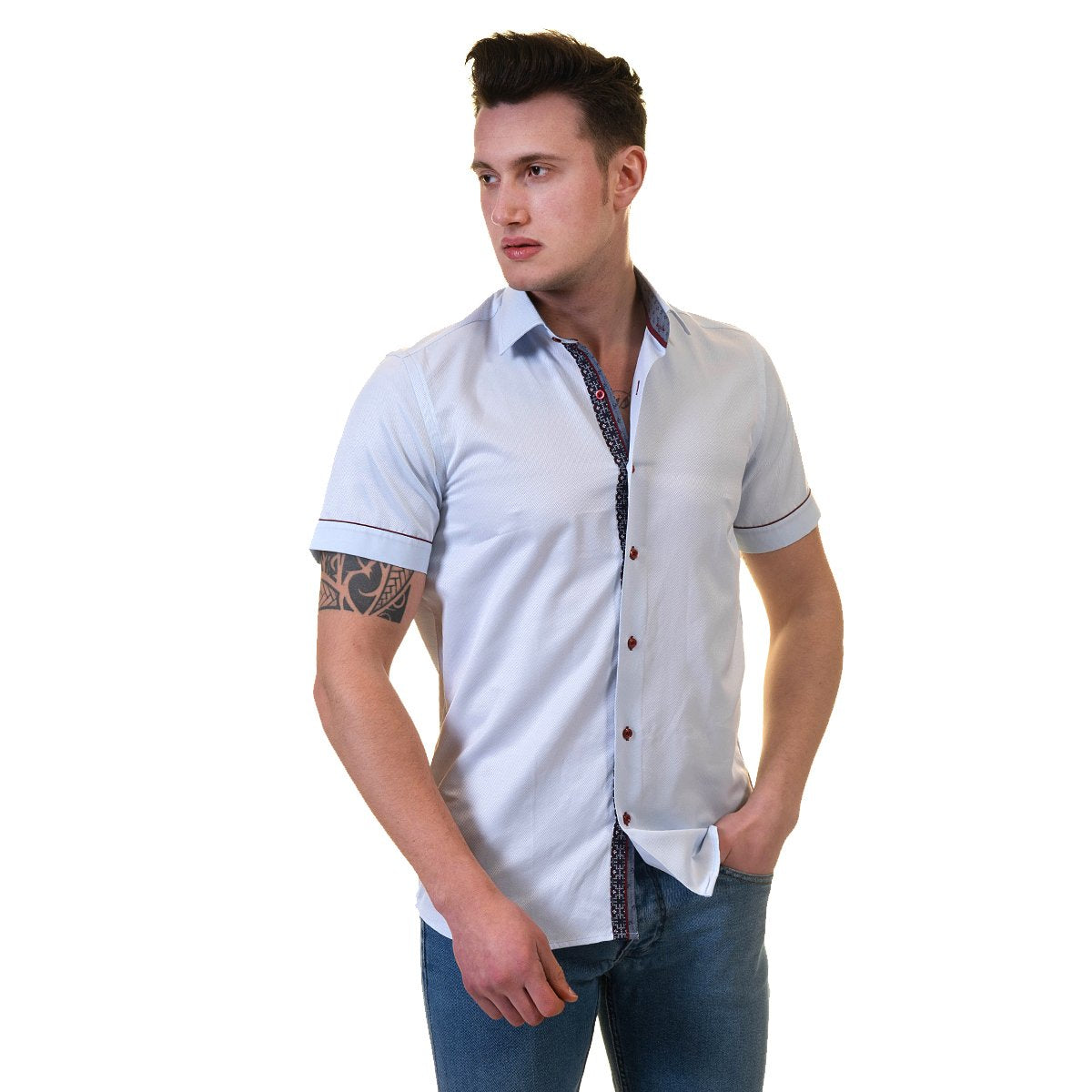 Blue Mens Short Sleeve Button up Shirts - Tailored Slim Fit Cotton