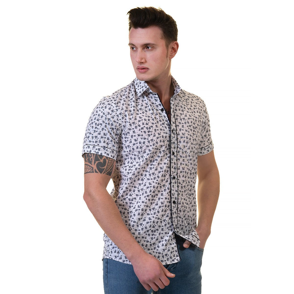 Black Dots Mens Short Sleeve Button up Shirts - Tailored Slim Fit