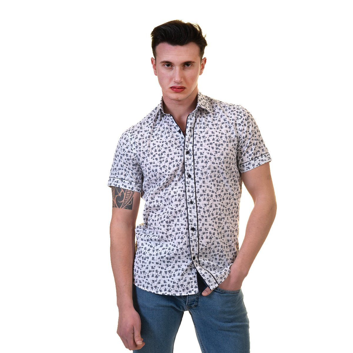 Black Dots Mens Short Sleeve Button up Shirts - Tailored Slim Fit