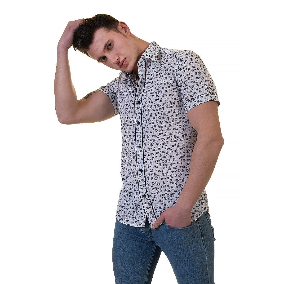 Black Dots Mens Short Sleeve Button up Shirts - Tailored Slim Fit