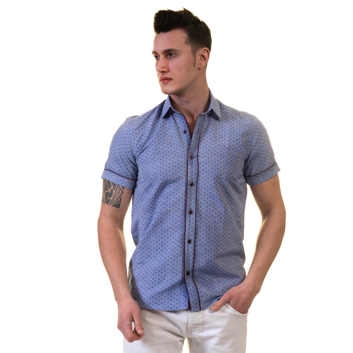 Blue Mens Short Sleeve Button up Shirts - Tailored Slim Fit Cotton