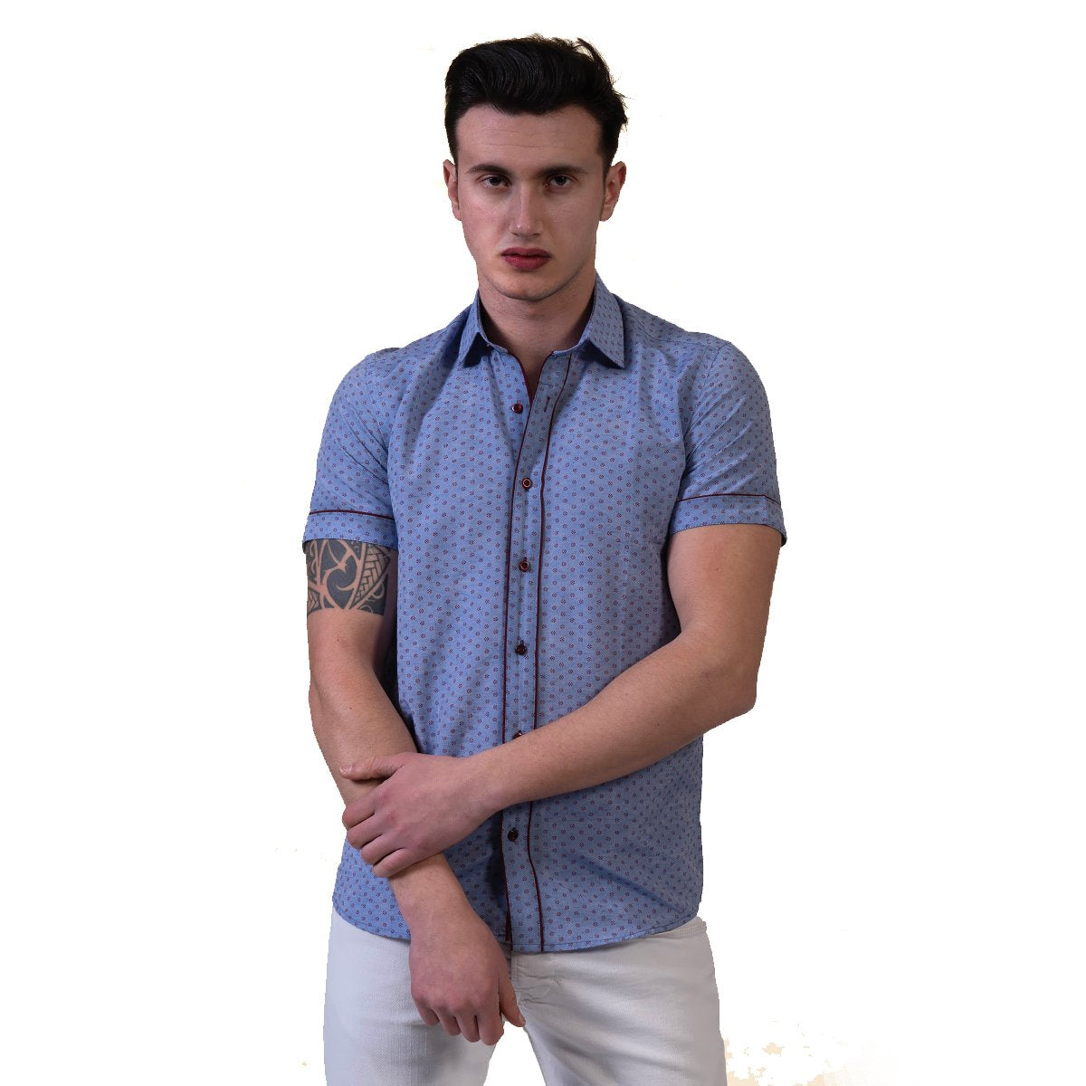 Blue Mens Short Sleeve Button up Shirts - Tailored Slim Fit Cotton