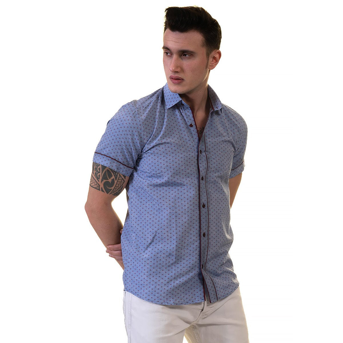 Blue Mens Short Sleeve Button up Shirts - Tailored Slim Fit Cotton