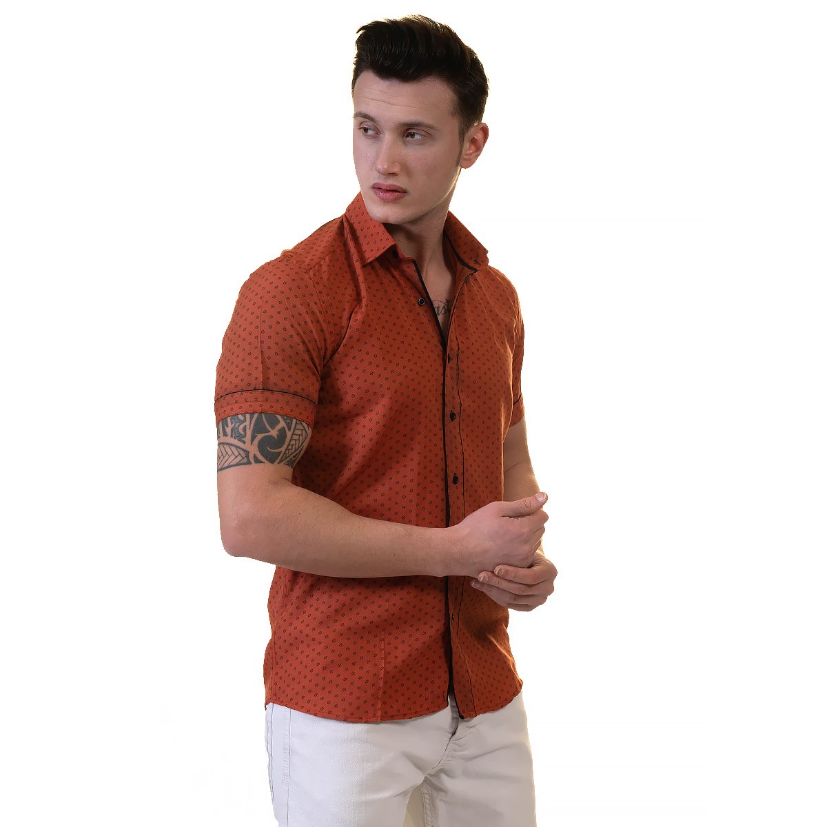 Orange / Reddish Mens Short Sleeve Button up Shirts - Tailored Slim