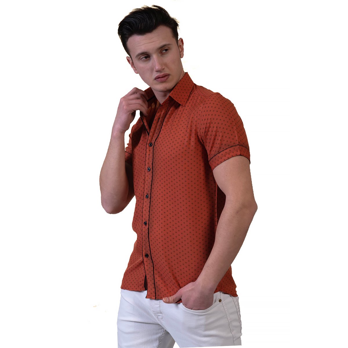 Orange / Reddish Mens Short Sleeve Button up Shirts - Tailored Slim