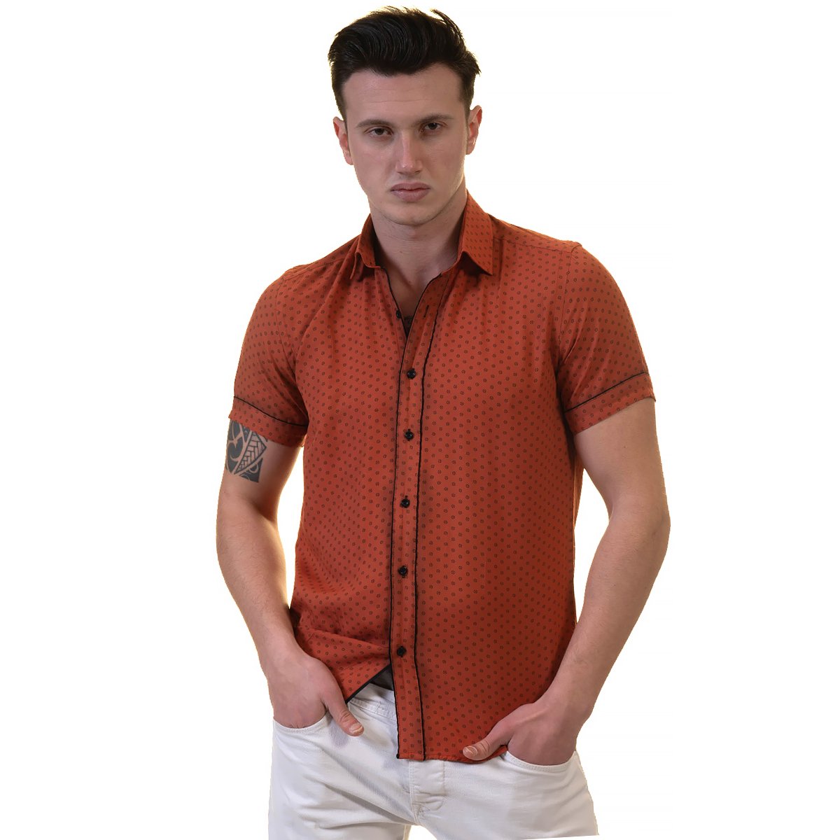 Orange / Reddish Mens Short Sleeve Button up Shirts - Tailored Slim