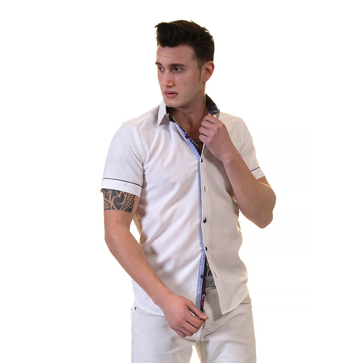 White Mens Short Sleeve Button up Shirts - Tailored Slim Fit Cotton