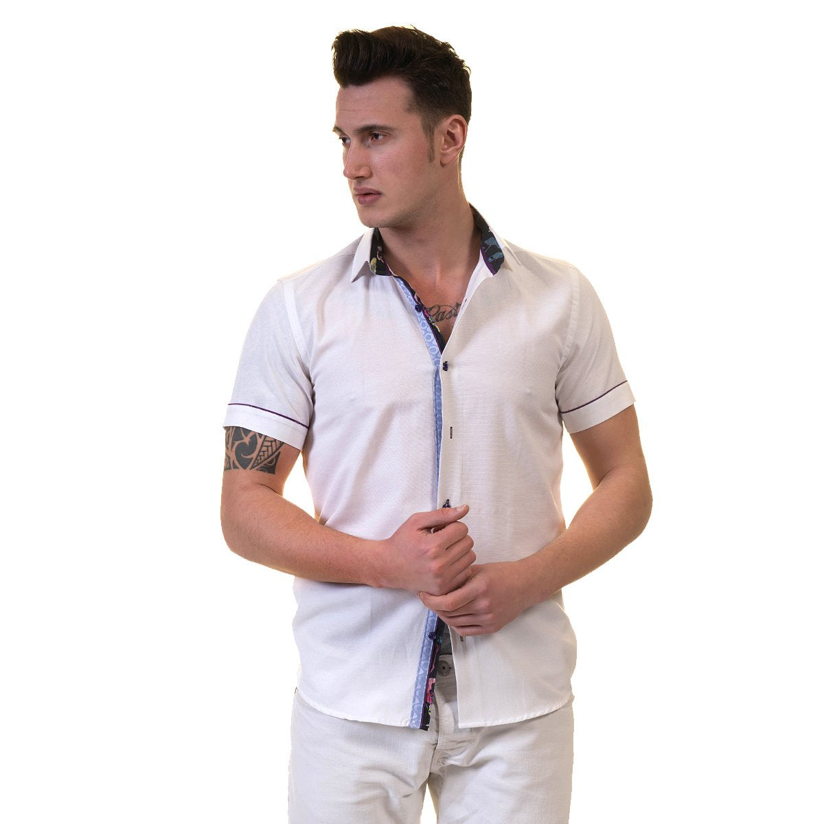 White Mens Short Sleeve Button up Shirts - Tailored Slim Fit Cotton